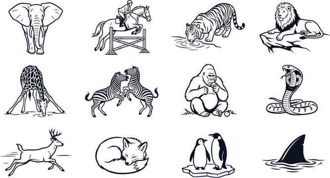 Vintage Engraved Style Wild Animals Vector Set Featuring Safari Wildlife Marine Elements and Arctic Penguins for Retro Nature Logo Designs