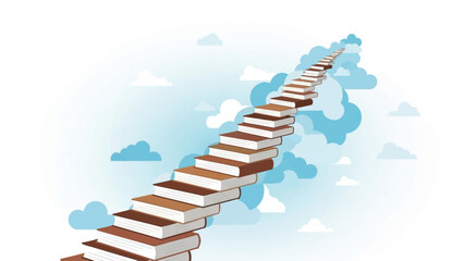 Obraz premium Staircase made of books rising into the clouds, conceptual illustration of education, knowledge, and career growth
