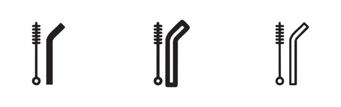 Reusable Metal Straw and Cleaning Brush Icons Set, Eco-Friendly Sustainable Drinking Accessories