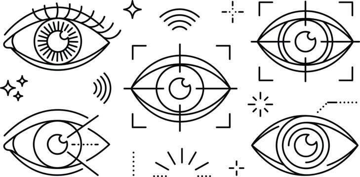 Eye scan line icon set with biometric retina recognition target focus cyber security optical tracking vision vector design