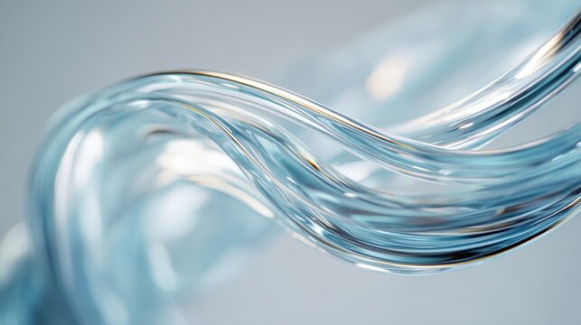Clear, flowing liquid moves gracefully in gentle curves. Shiny surface reflects light, creating subtle highlights. Soft blue tones add calm, clean aesthetic to the scene. Ideal for design, advertising
