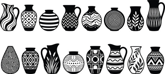Decorative vase icon illustrations with pottery silhouettes, geometric patterns, ornamental motifs, ceramic art graphics, and vector design concepts © Creative Stoker