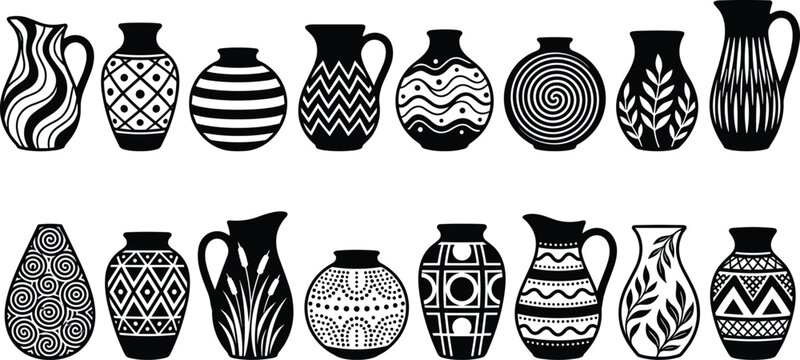 Decorative vase icon illustrations with pottery silhouettes, geometric patterns, ornamental motifs, ceramic art graphics, and vector design concepts