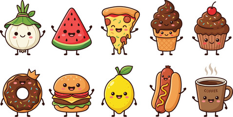 Cute food character collection, kawaii fastfood dessert vector illustrations, funny cartoon snacks for children menu design projects © VectoBloom