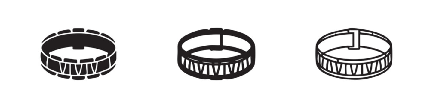 Hand drum or musical instrument icon set in solid, outline, and line art styles for music.
