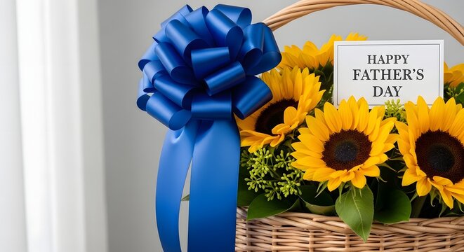 Father's day gift basket with sunflowers and blue ribbon