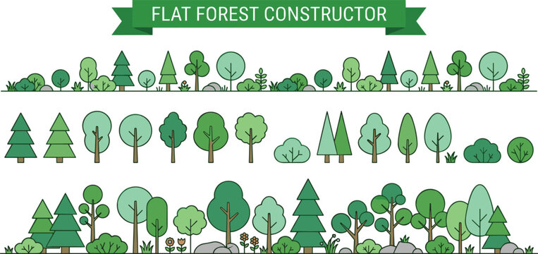 Flat forest constructor icon illustrations with trees, bushes, shrubs, rocks, flowers, modular nature graphics, and vector design concepts