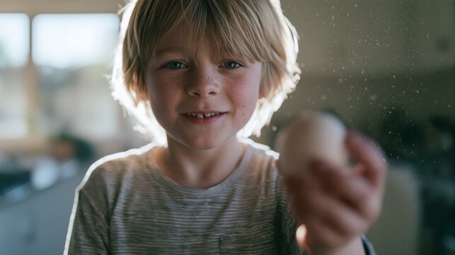 A young boy with a missing front tooth smiling and holding a flower