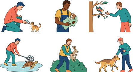 Naklejka premium Animal Rescue and Pet Care Vector Collection Featuring Veterinary Support, Wildlife Rehabilitation, Dog Walking, and Compassionate Care Illustrations