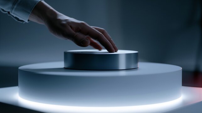 Close up of a designers hand placing a sleek metallic product prototype