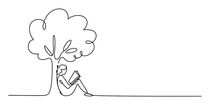 A person sitting under a big tree reading a book in a continuous single line drawing style illustration for relaxation and education concepts Vector, illustration