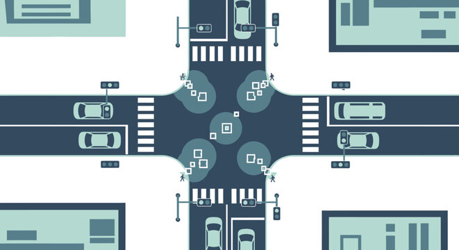 Smart City AI Traffic Management Concept Top View Illustration with Autonomous Vehicles and IoT Sensors