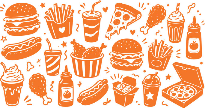 Summer seamless pattern with flowers and sea shells featuring a cartoon vector illustration set of fast food, sweet dessert cakes, coffee cups, and breakfast burgers