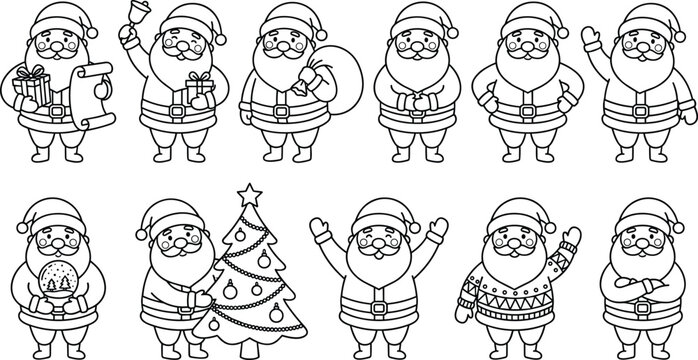 Santa Claus icon illustrations with festive poses, gifts, Christmas tree, snow globe, cheerful holiday graphics, and vector design concepts