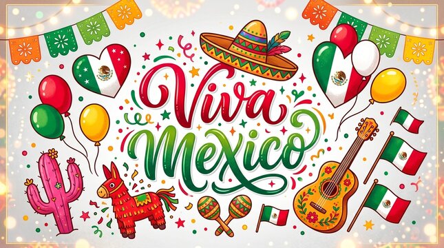 Viva mexico celebration with mexican symbols and guitar pi ata celebration decorations sombrero