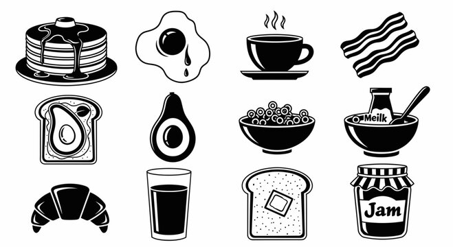 Breakfast scene with pancakes, eggs, coffee, bacon, toast, avocado, cereal, jam, and pastry on a table indoors.