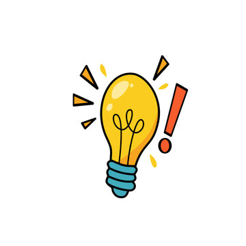 Hand drawn glowing light bulb with exclamation mark, sparking innovation and creative thought
