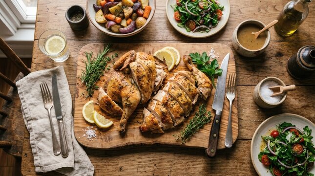 Whole roasted chicken with fresh vegetables and herbs on rustic wooden table for festive meal perfect for National Rotisserie Chicken Day