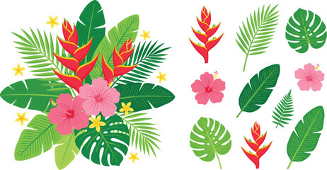 Tropical floral icon illustrations with hibiscus, heliconia, monstera leaves, palm fronds, banana leaves, and vector design concepts © Creative Stoker