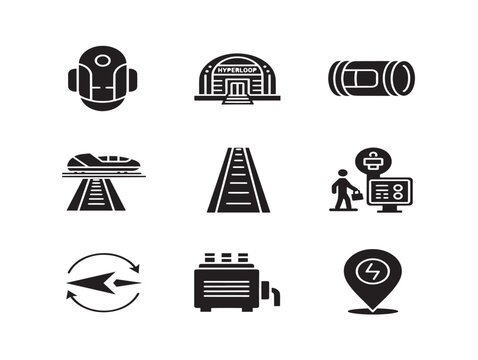 Hyperloop icons set with transportation and technology symbols