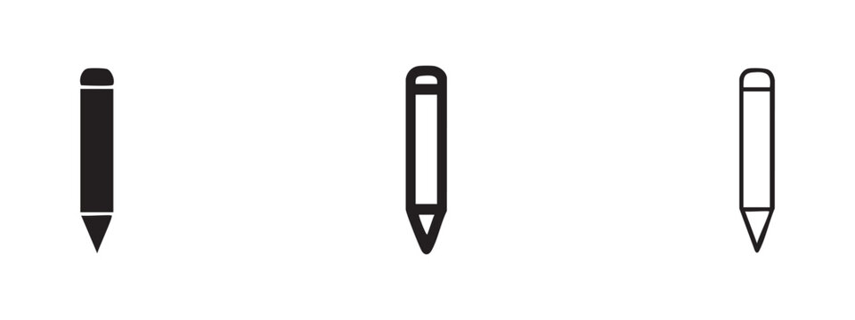 Simple pencil icon set for writing, drawing, and editing tools in solid, bold, and thin outline styles.