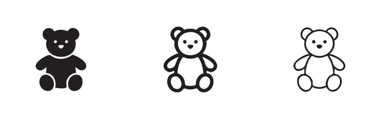 Cute teddy bear icon set representing childhood and toys in solid, bold, and thin outline styles.