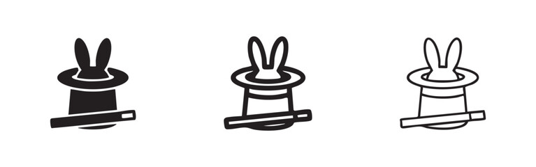 Magic hat with rabbit ears icon set for magic shows and illusion in solid, bold, and thin outline styles. © liubomir118809