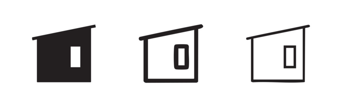 Simple shed or lean-to building icon set with a window in solid, bold, and thin outline styles.