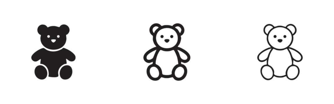 Cute teddy bear icon set representing childhood and toys in solid, bold, and thin outline styles.