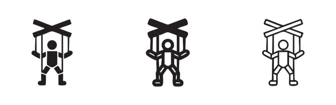 Marionette or puppet icon set symbolizing control and manipulation in solid, bold, and thin outline styles.