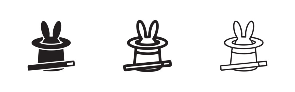 Magic hat with rabbit ears icon set for magic shows and illusion in solid, bold, and thin outline styles.