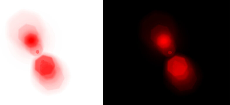 Red lens flare light effects, glowing optical sunbeam on black and white backgrounds, abstract bright red bokeh circles and soft glare