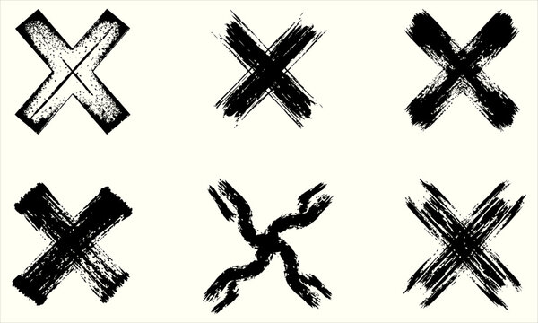 Six black brush stroke crosses on a white background symbolizing rejection and errors with a grunge texture