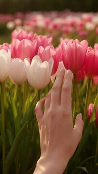A hand gently touches blooming tulips in a vibrant garden, highlighting the beauty of nature in spring.