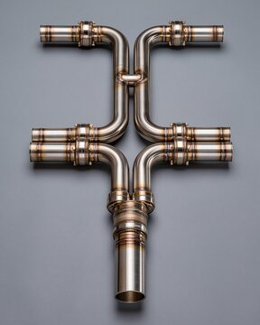 Medium shot highlighting dualline exhaust system assembly featuring parallel pipe welding and fitting emphasizing craftsmanship and structural alignment.