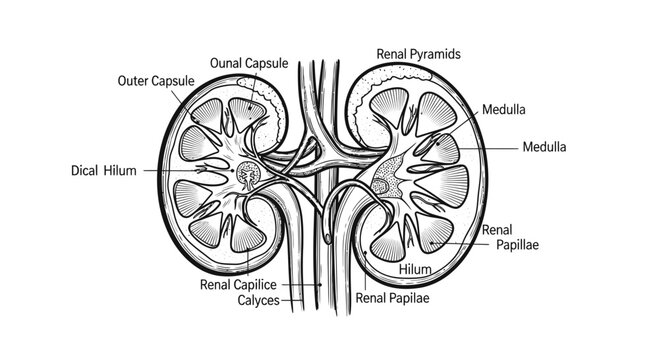 The human kidneys are shown with labeled parts including renal pyramids and capsules.