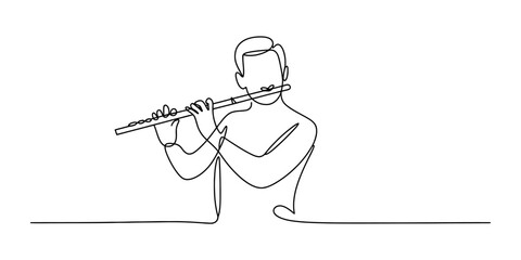 A continuous one line drawing of a man playing the flute musical instrument as a simple artistic sketch for creative music themes and performance Vector, illustration © Continues One Line D