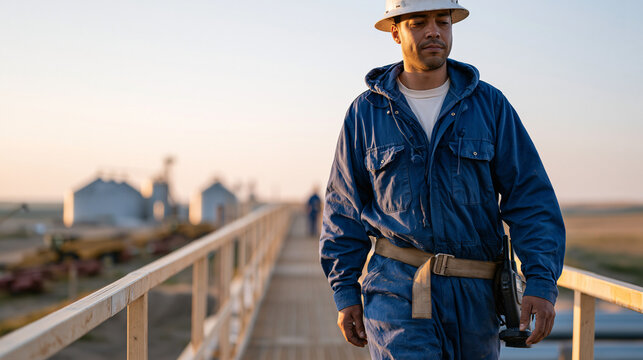 Pipeline integrity inspector walking elevated catwalk above buried pipeline valve station in agricultural field at golden hour, ultrasonic testing equipment strapped to belt, grain silos and harvest