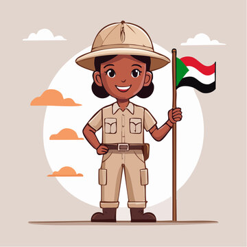 Cartoon Girl Explorer Holding Sudanese Flag