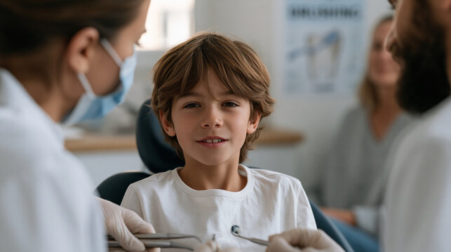 Pediatric dentist performing back-to-school oral health checkup on reluctant child patient, assistant preparing fluoride tray beside chair, educational poster about tooth brushing visible on wall, p