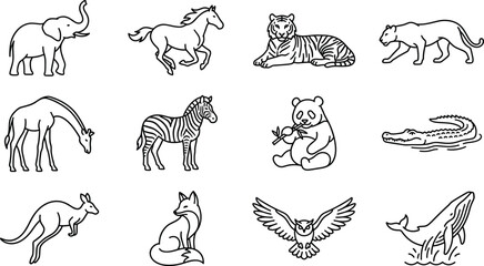 Fototapeta premium Minimalist Safari Wildlife and Zoo Animals Outline Icon Set Featuring Line Art Elephant, Tiger, Giraffe, Zebra, Panda, Kangaroo, Owl, and Whale Vectors