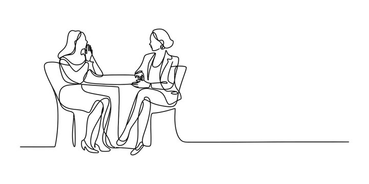 Two business women sitting and talking together at a table in a professional office meeting drawn in a simple continuous single line art style Vector, illustration