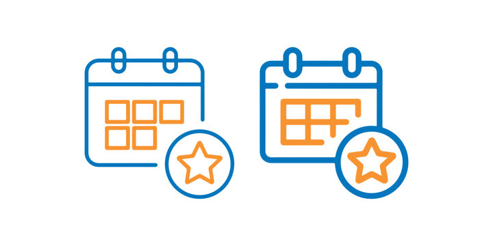 Two distinct blue calendar icons with orange grid and star within circle, signifying scheduled days and memorable occasions, ideal for time management and event visuals.