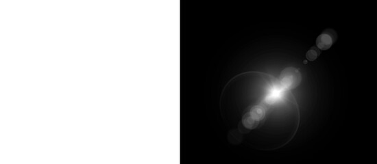 Fototapeta premium Cinematic lens flare with bright light leak on black background, professional optical sun flare effect, glowing white bokeh and starburst