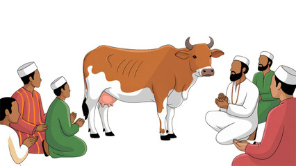 Fototapeta premium Colorful cartoon cow standing with people in a cheerful village setting Vector
