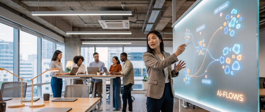 Asian businesswoman presenting AI workflows on a smart board in office.