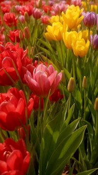 Vibrant tulips in multiple colors create a beautiful spring garden scene filled with nature's beauty.