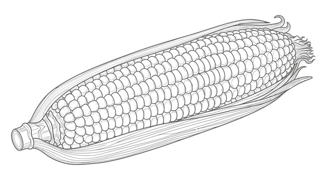An illustration of a single corn on the cob with husk and kernels