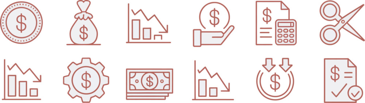 Cost reduction and business efficiency icon set, vector illustration of financial savings concepts including currency symbol, downward trend graphs, gears for automation, 