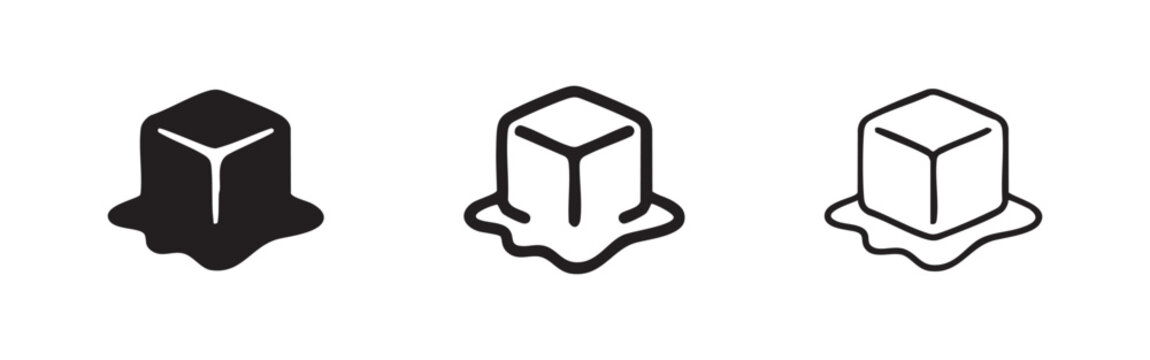 Set of three melting ice cube icons in solid, outline, and hand-drawn styles, symbolizing change, heat, or cold drinks.